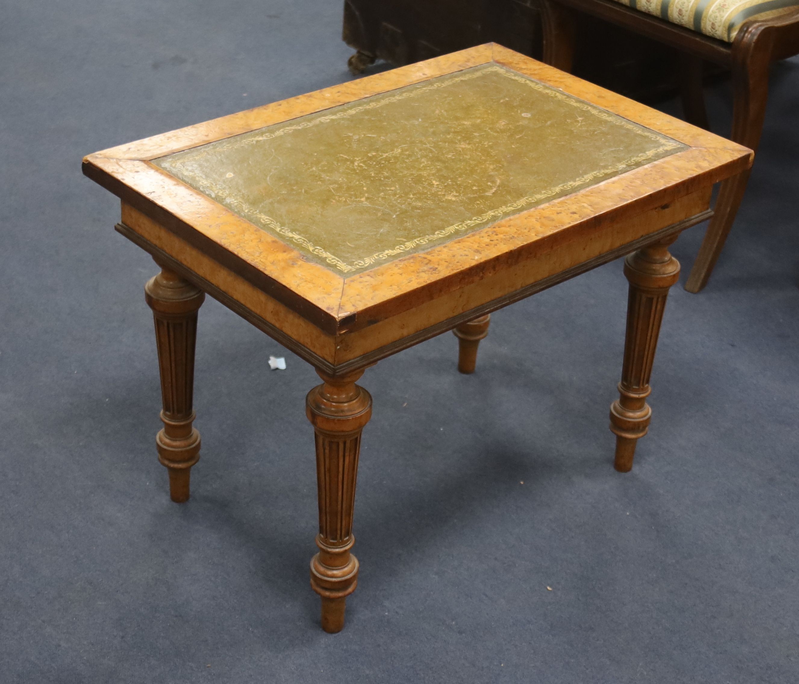 A Victorian bird's eye maple veneered leather-topped rectangular topped occasional table (ex bidet), width 66cm, depth 45cm, height 48cm